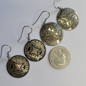 Vintage 2 Pair of Earrings Tribal Designs Silver Tone